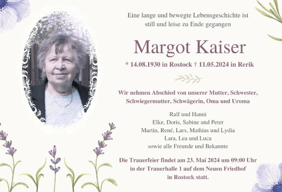 Traueranzeige von Margot Kaiser von Ostsee-Zeitung GmbH