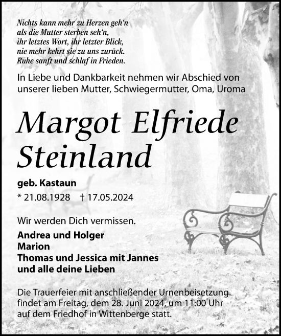 Traueranzeige von Margot Elfriede Steinland von Wochenspiegel
