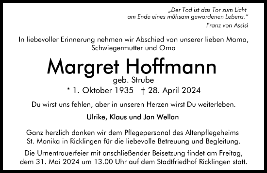 Traueranzeige von Margret Hoffmann von Hannoversche Allgemeine Zeitung/Neue Presse