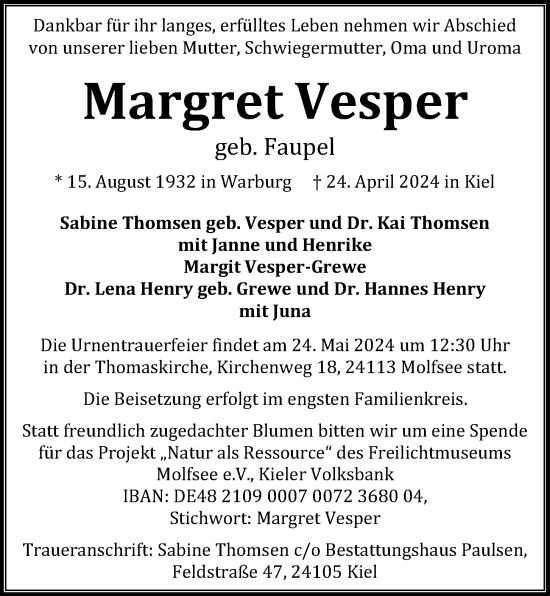 Traueranzeige von Margret Vesper von Kieler Nachrichten
