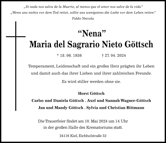 Traueranzeige von Maria del Sagrario Nieto Göttsch von Kieler Nachrichten