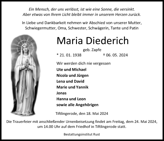 Traueranzeige von Maria Diederich von Eichsfelder Tageblatt