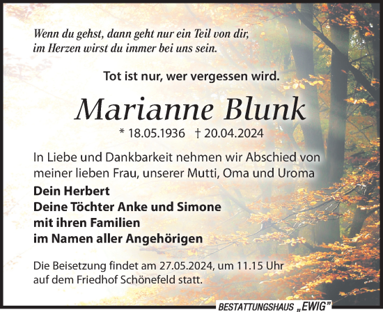 Traueranzeige von Marianne Blunk von Leipziger Volkszeitung