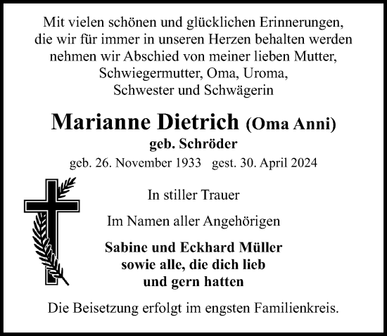 Traueranzeige von Marianne Dietrich von Ostsee-Zeitung GmbH