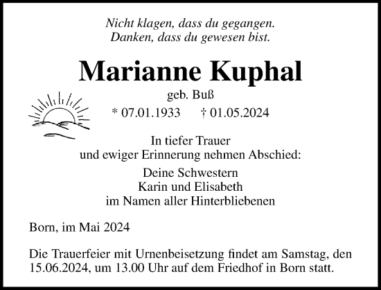 Traueranzeige von Marianne Kuphal von Ostsee-Zeitung GmbH