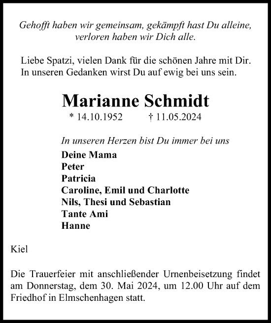 Traueranzeige von Marianne Schmidt von Kieler Nachrichten