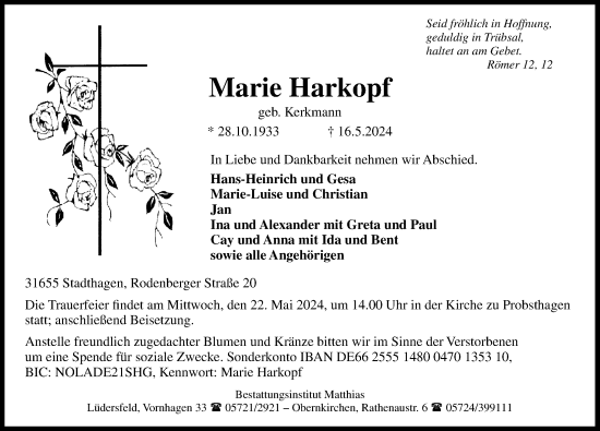 Traueranzeige von Marie Harkopf von Schaumburger Nachrichten