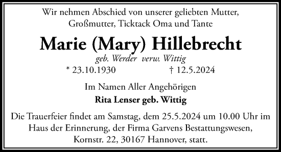 Traueranzeige von Marie  Hillebrecht von Hannoversche Allgemeine Zeitung/Neue Presse