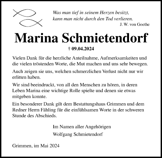 Traueranzeige von Marina Schmietendorf von Ostsee-Zeitung GmbH