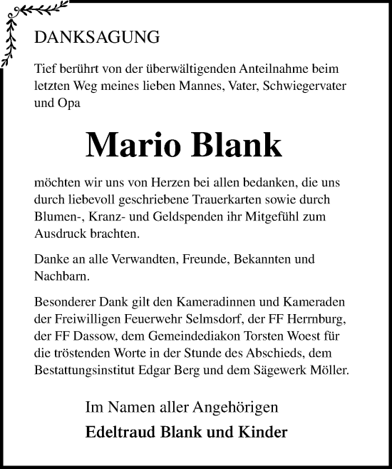 Traueranzeige von Mario Blank von Ostsee-Zeitung GmbH