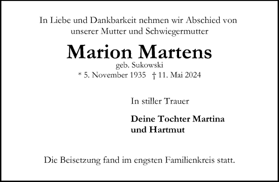 Traueranzeige von Marion Martens von Lübecker Nachrichten