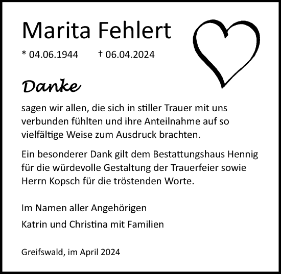 Traueranzeige von Marita Fehlert von Ostsee-Zeitung GmbH