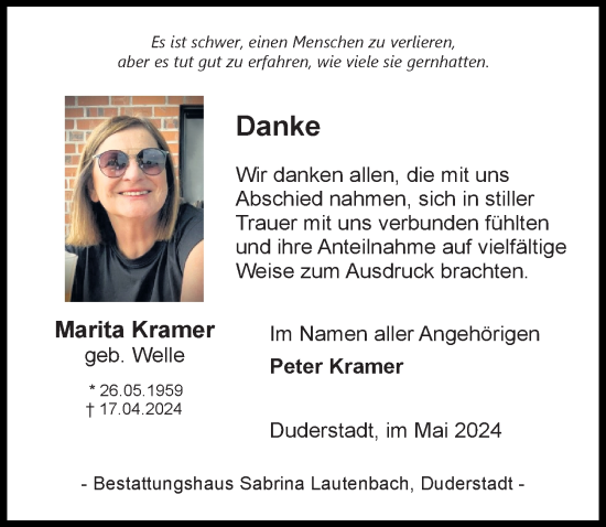 Traueranzeige von Marita Kramer von Eichsfelder Tageblatt