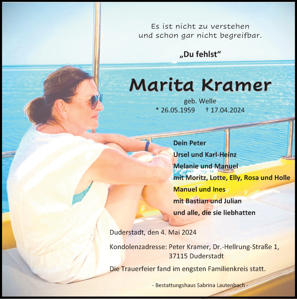  Traueranzeige für Marita Kramer vom 04.05.2024 aus Eichsfelder Tageblatt