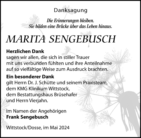 Traueranzeige von Marita Sengebusch von Wochenspiegel