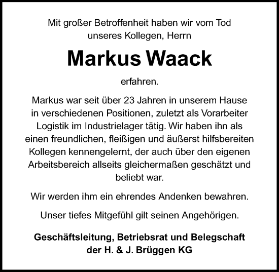 Traueranzeige von Markus Waack von Lübecker Nachrichten