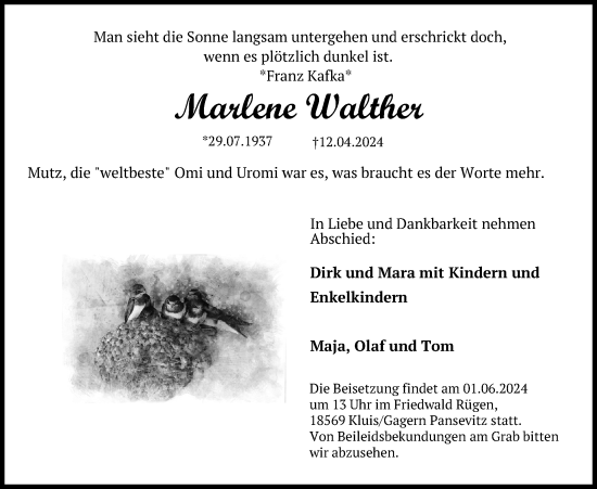 Traueranzeige von Marlene Walther von Ostsee-Zeitung GmbH