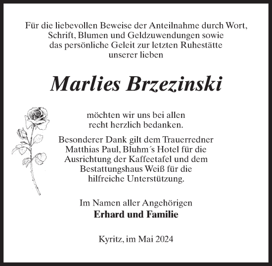 Traueranzeige von Marlies Brzezinski von Wochenspiegel