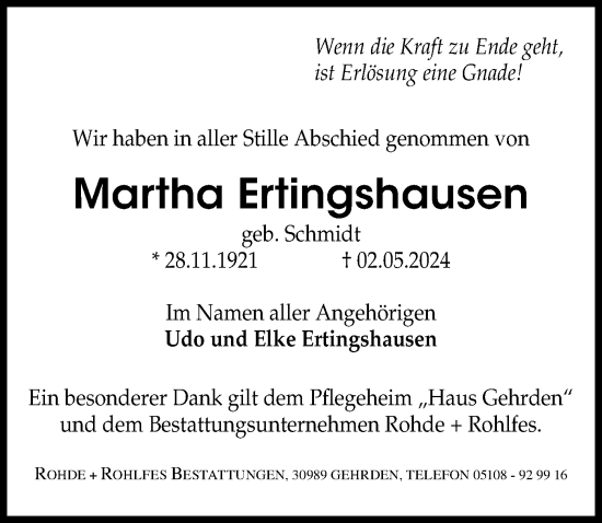 Traueranzeige von Martha Ertingshausen von Hannoversche Allgemeine Zeitung/Neue Presse