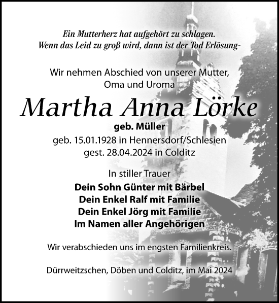 Traueranzeige von Martha Anna Lörke von Leipziger Volkszeitung