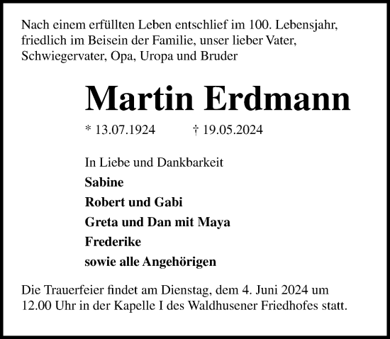 Traueranzeige von Martin Erdmann von Lübecker Nachrichten