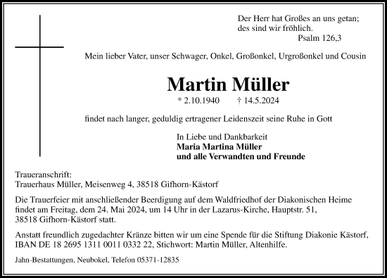 Traueranzeige von Martin Müller von Aller Zeitung