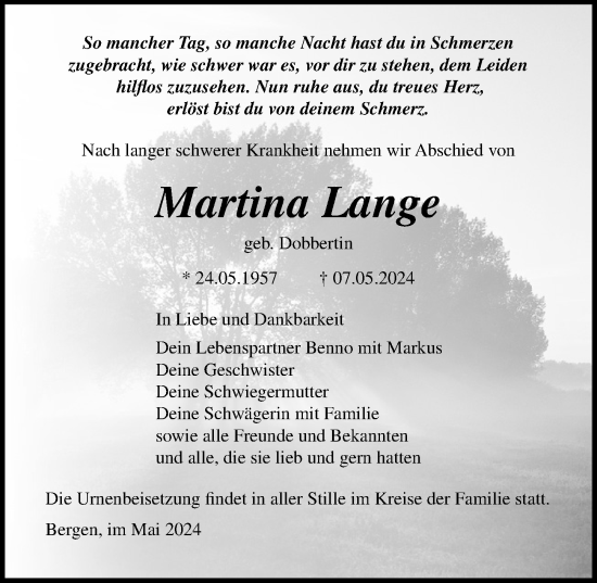 Traueranzeige von Martina Lange von Ostsee-Zeitung GmbH