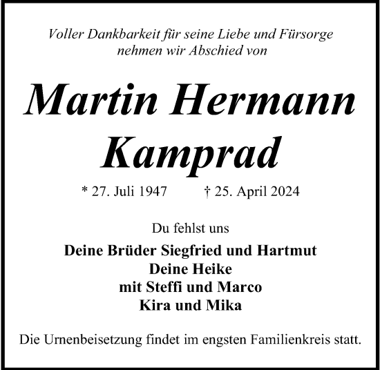 Traueranzeige von Martin Hermann Kamprad von Kieler Nachrichten
