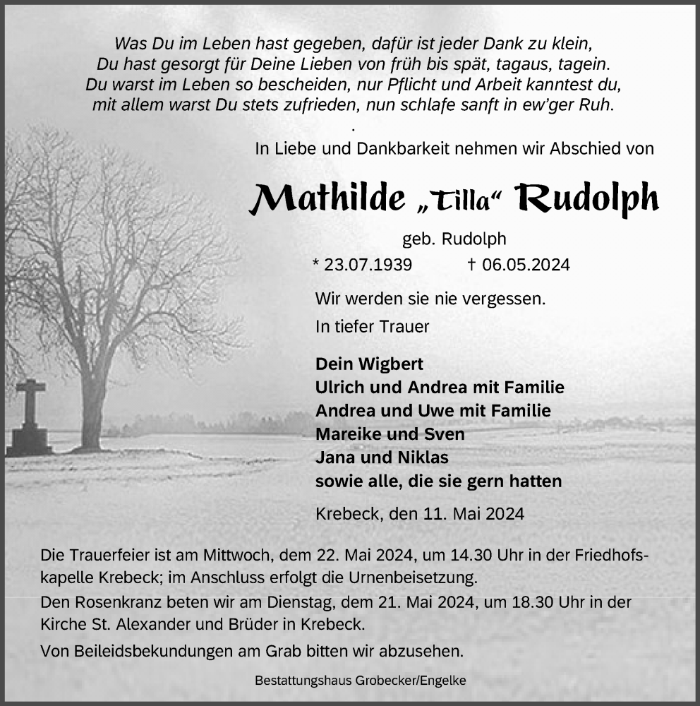  Traueranzeige für Mathilde Rudolph vom 11.05.2024 aus Eichsfelder Tageblatt