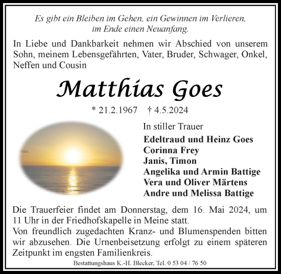 Traueranzeige von Matthias Goes von Aller Zeitung