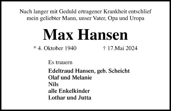 Traueranzeige von Max Hansen von Lübecker Nachrichten