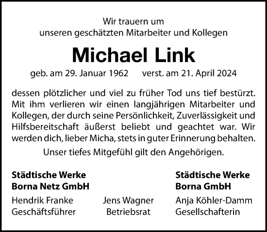 Traueranzeige von Michael Link von Leipziger Volkszeitung