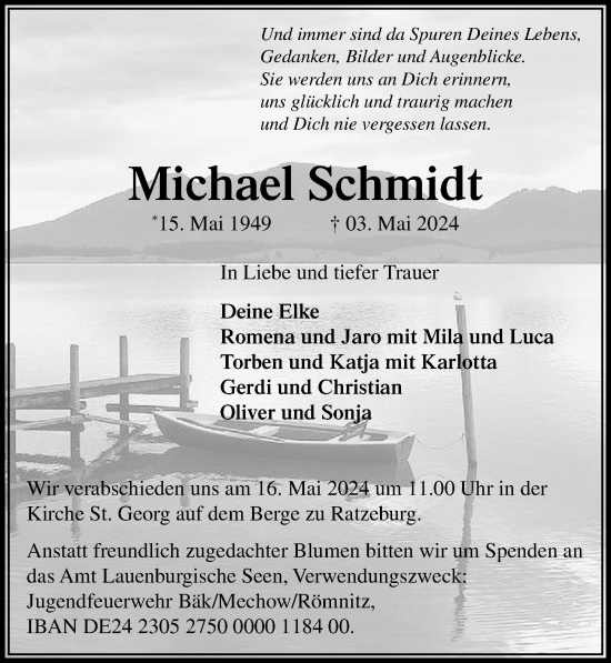 Traueranzeige von Michael Schmidt von Lübecker Nachrichten