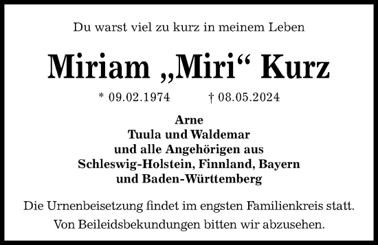 Traueranzeige von Miriam  Kurz von Kieler Nachrichten