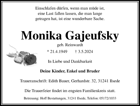 Traueranzeige von Monika Gajeufsky von Peiner Allgemeine Zeitung