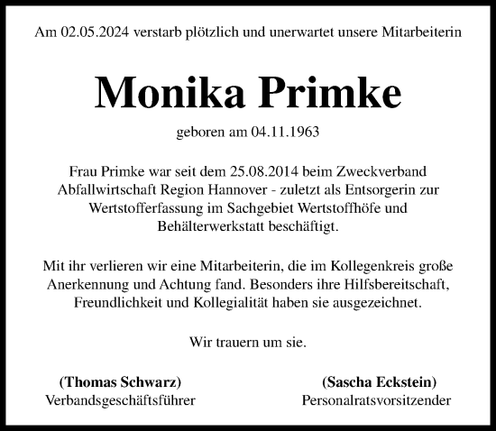 Traueranzeige von Monika Primke von Hannoversche Allgemeine Zeitung/Neue Presse