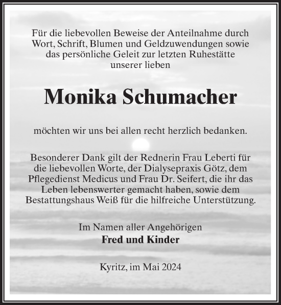 Traueranzeige von Monika Schumacher von Wochenspiegel
