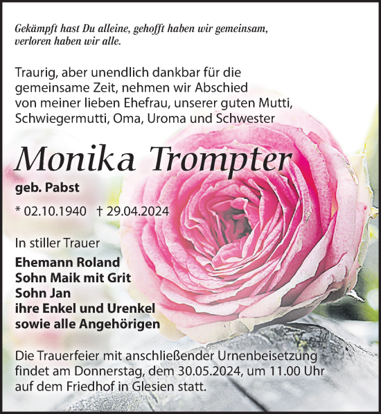 Traueranzeige von Monika Trompter von Leipziger Volkszeitung