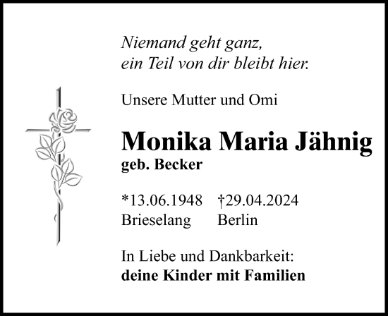 Traueranzeige von Monika Maria Jähnig von Märkischen Allgemeine Zeitung