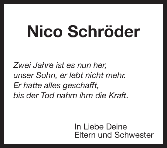 Traueranzeige von Nico Schröder von Ostsee-Zeitung GmbH