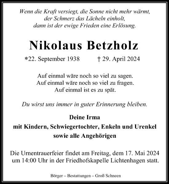 Traueranzeige von Nikolaus Betzholz von Göttinger Tageblatt