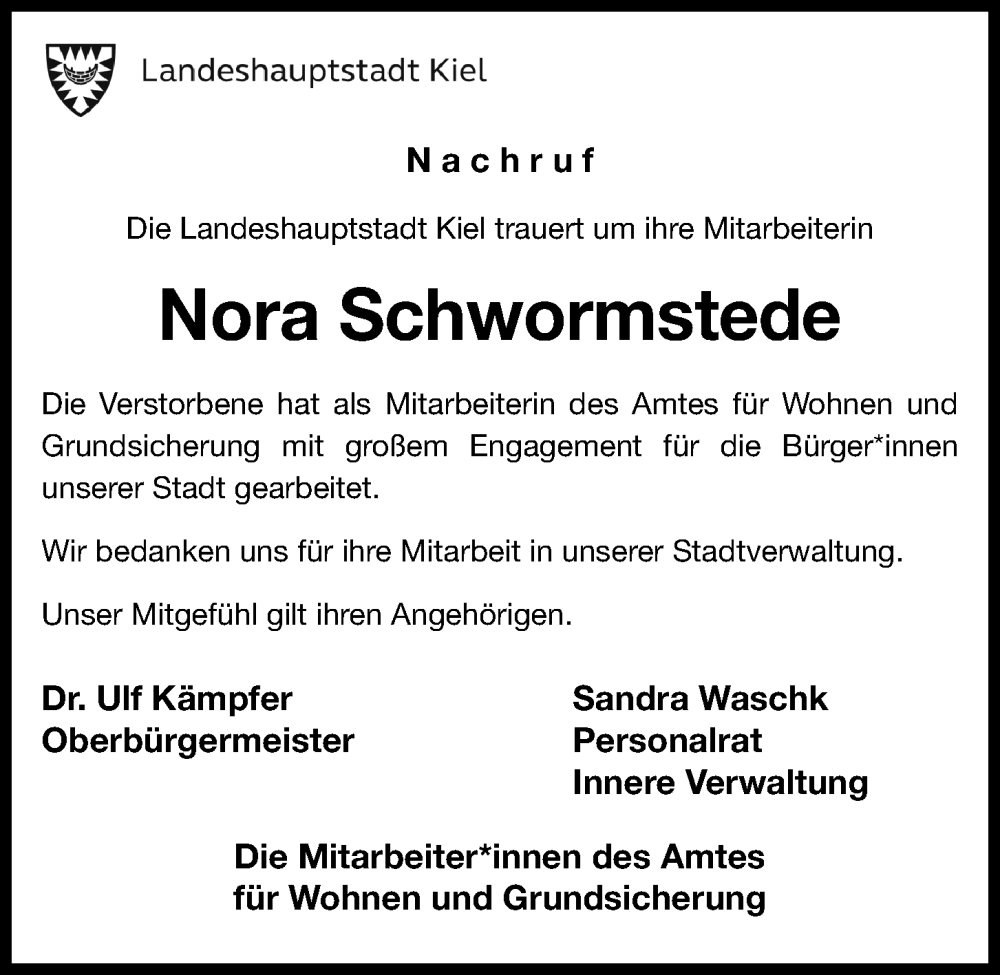 Traueranzeige für Nora Schwormstede vom 04.05.2024 aus Kieler Nachrichten