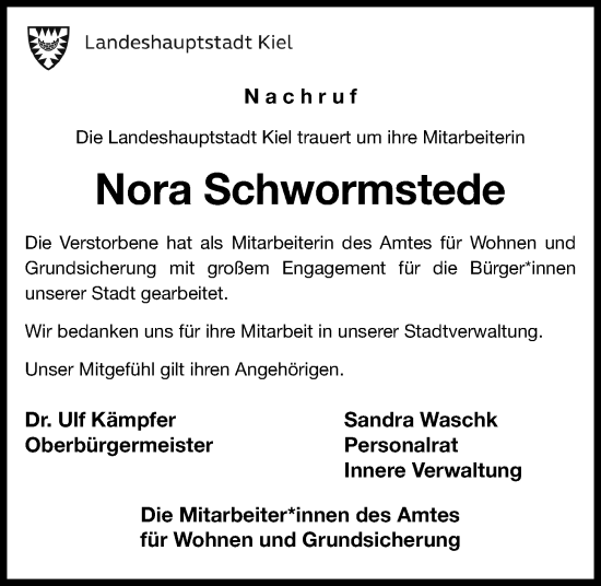 Traueranzeige von Nora Schwormstede von Kieler Nachrichten