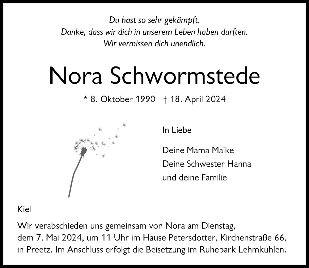  Traueranzeige für Nora Schwormstede vom 04.05.2024 aus Kieler Nachrichten