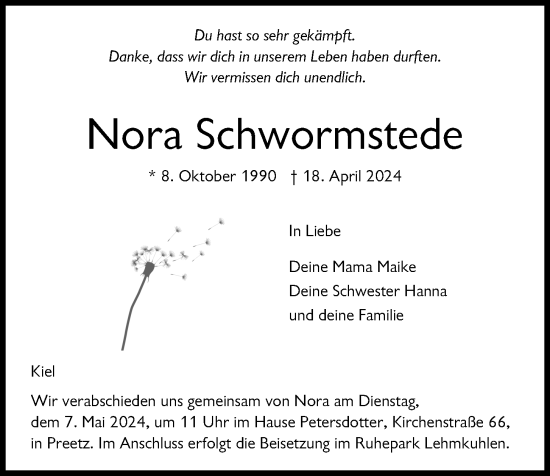 Traueranzeige von Nora Schwormstede von Kieler Nachrichten