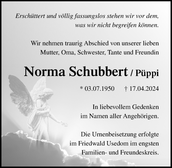 Traueranzeige von Norma Schubbert von Ostsee-Zeitung GmbH