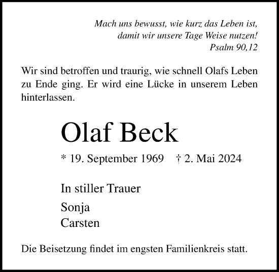 Traueranzeige von Olaf Beck von Lübecker Nachrichten