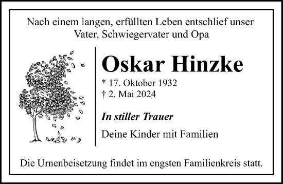 Traueranzeige von Oskar Hinzke von Ostsee-Zeitung GmbH