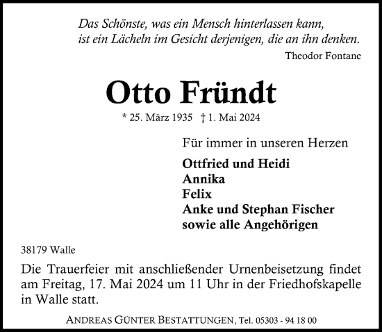 Traueranzeige von Otto Fründt von Aller Zeitung