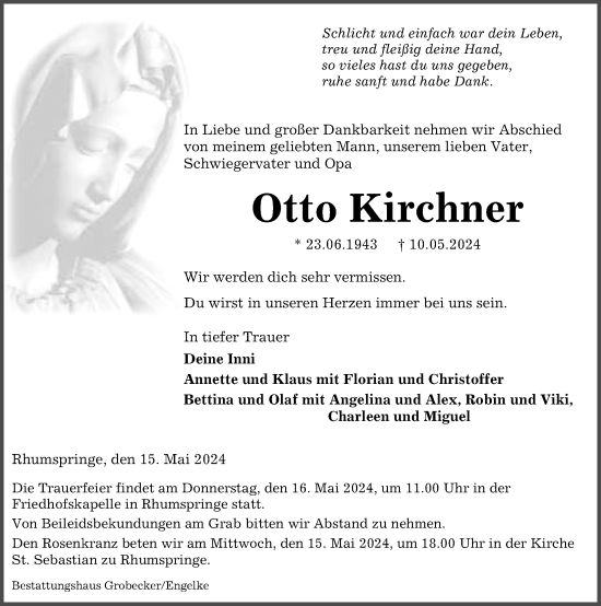Traueranzeige von Otto Kirchner von Eichsfelder Tageblatt